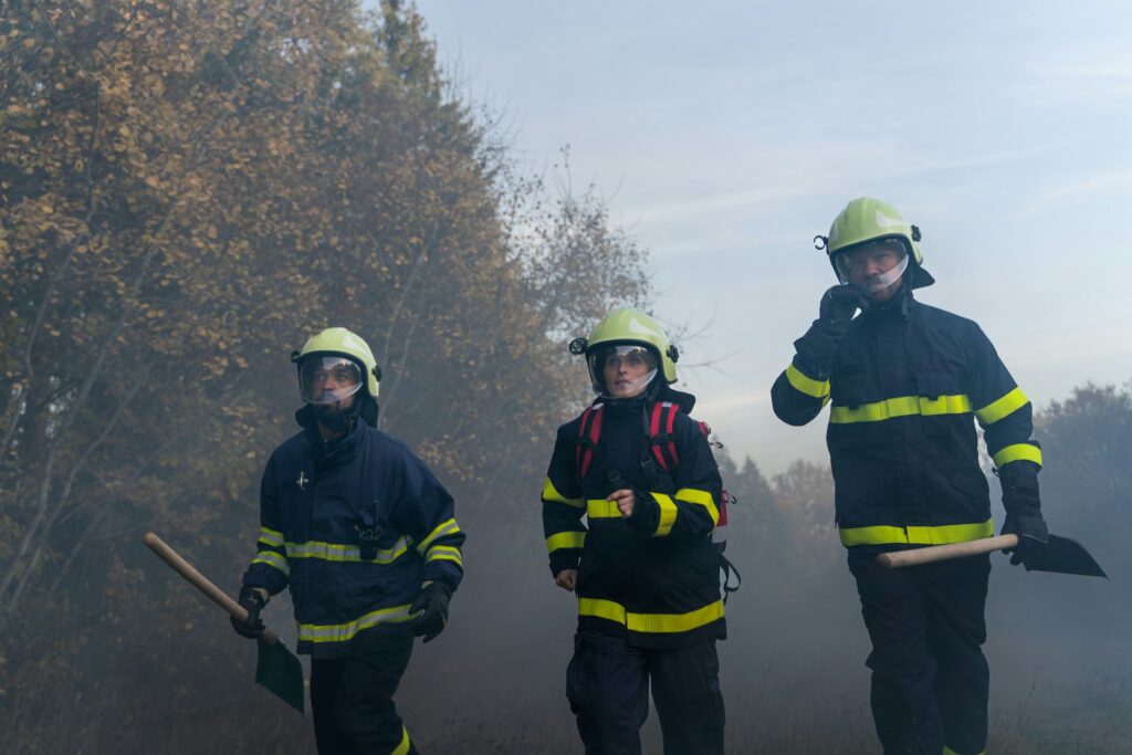 Firefighters men and woman at action, running through smoke to stop fire in forest