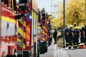 Red fire trucks in row